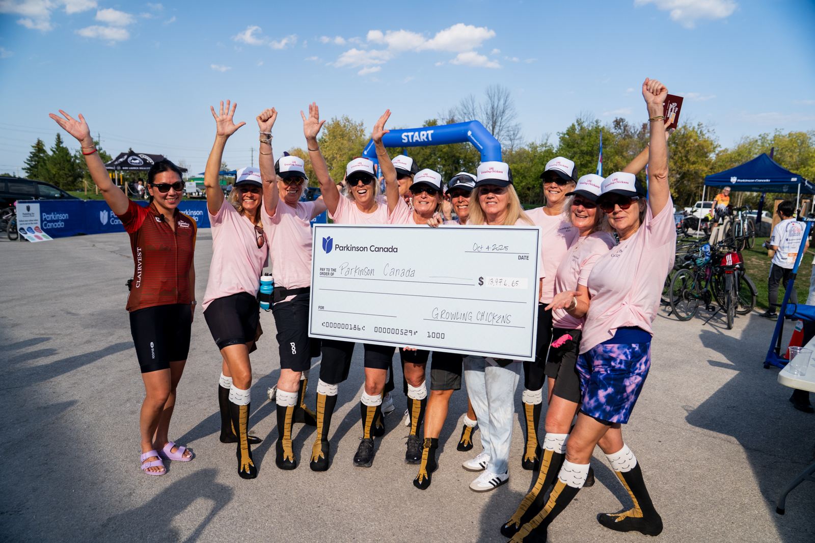 The Growling Chickens celebrating with their fundraising cheque