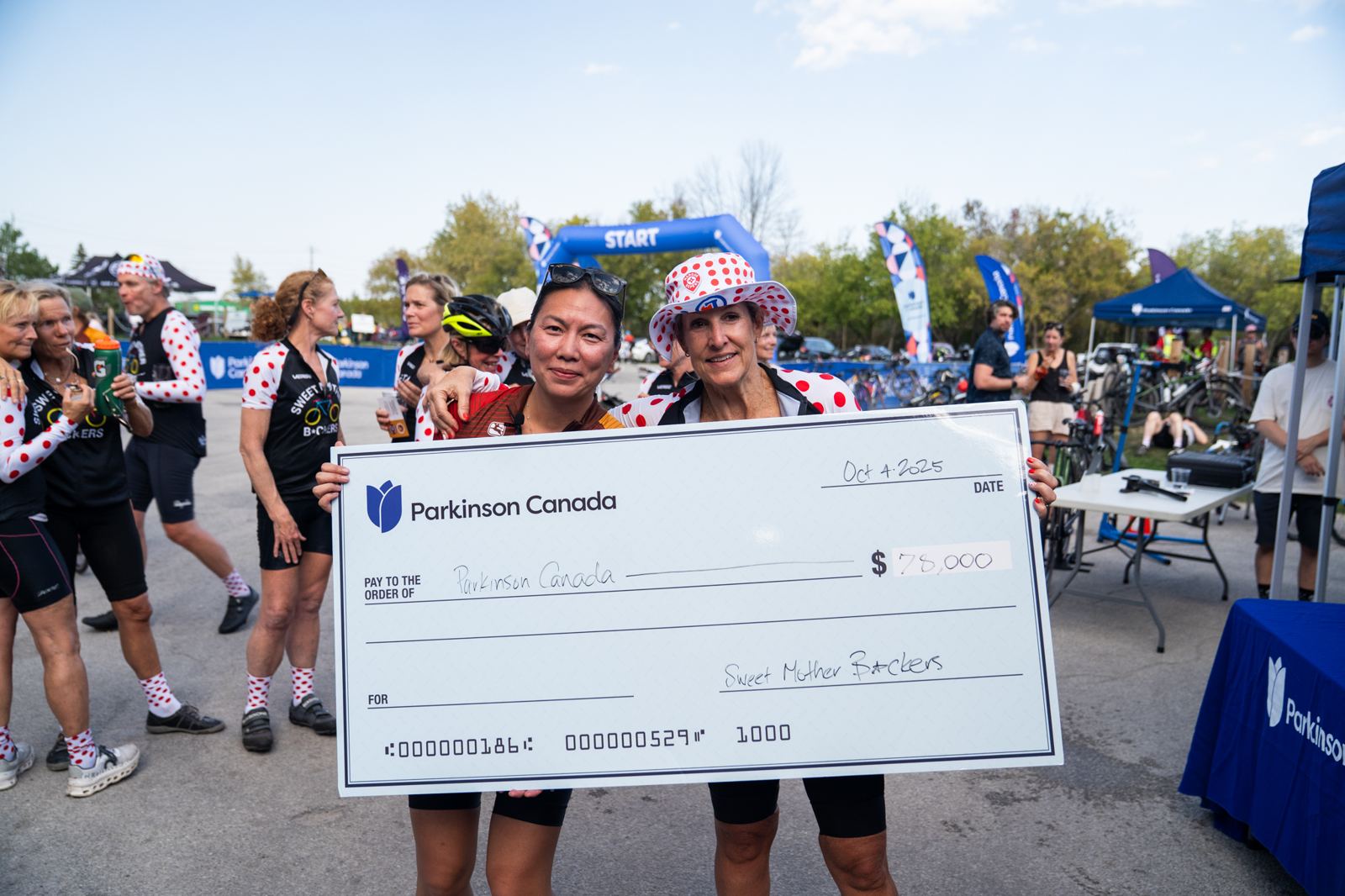 Two riders holding a $78,000 cheque from the Sweet Mother Backers