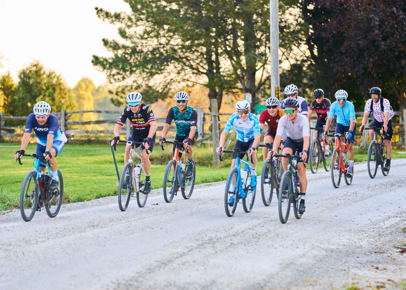 Group of riders on a gravel road in Beaver Valley's fall colours