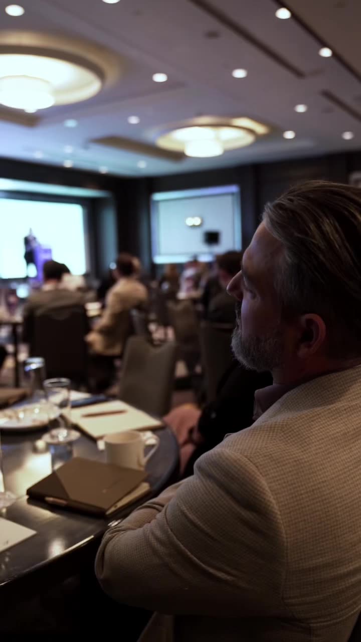 Attendee listening at a table in the ballroom